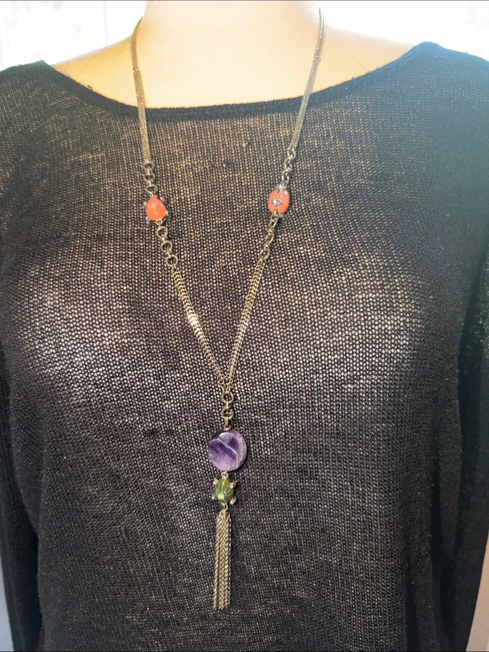 Long Pendant Tassel Necklace with Purple and Coral Accents